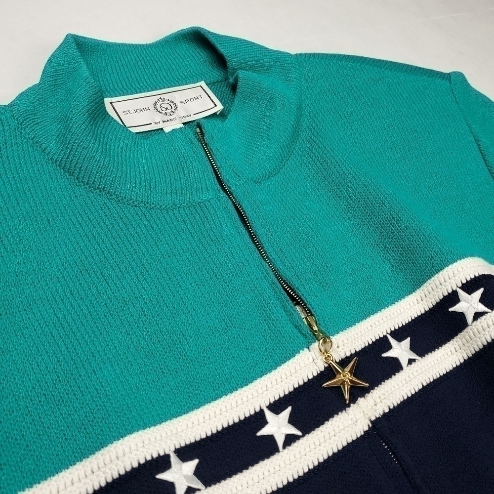 🔴 St. John Sport Marie Gray Navy Turquoise White Sweater Cardigan Blazer - Picture 4 of 13